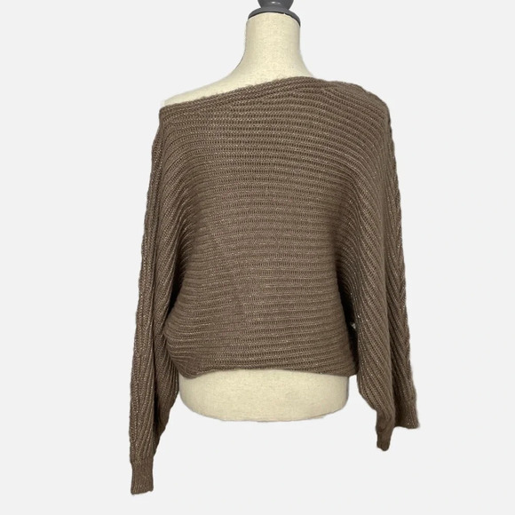 Aryn K. Women’s Sweater Asymmetrical One Shoulder Batwing Taupe Metallic Medium - Picture 4 of 10